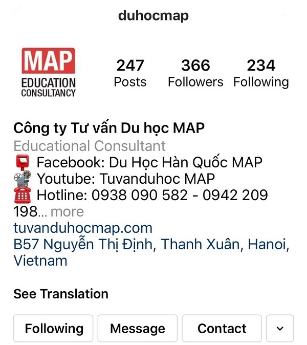 Giao diện Instagram của Du học MAP