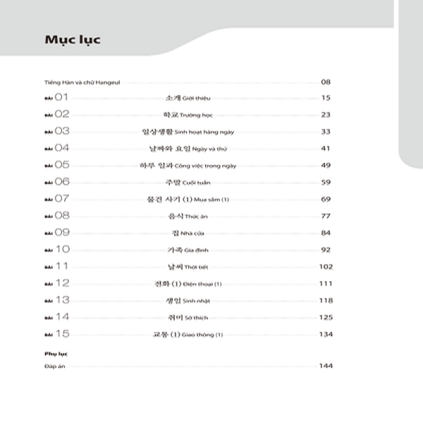 Mục lục giáo trình tiếng Hàn sơ cấp 1