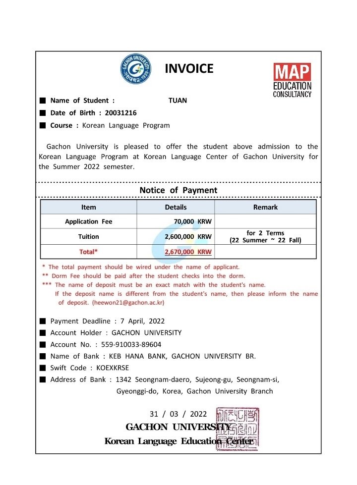 Invoice của trường đại học Gachon