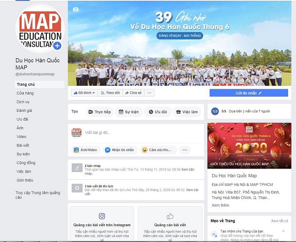 Giao diện Facebook Du Học Hàn Quốc MAP với hơn 40.000 fan và nội dung được câp nhật liên tục
