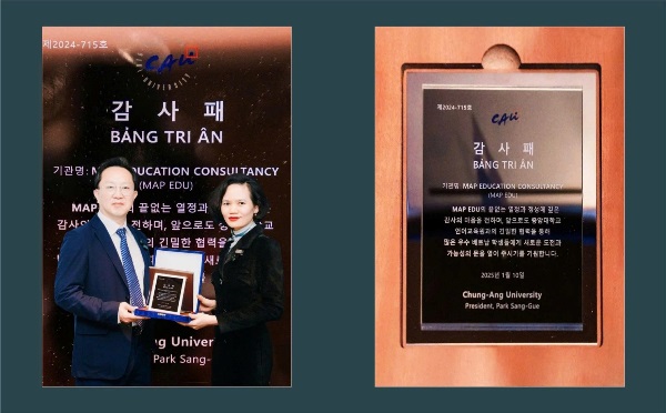 Trong hệ sinh thái tinh hoa của ĐH ChungAng, MAP là đơn vị duy nhất tại Việt Nam được Tiến sĩ Park Sang-Gue, Hiệu trưởng thứ 16 của Đại học Chung-Ang trao bằng Tri Ân ghi nhận những đóng góp của MAP trong hoạt động giáo dục.