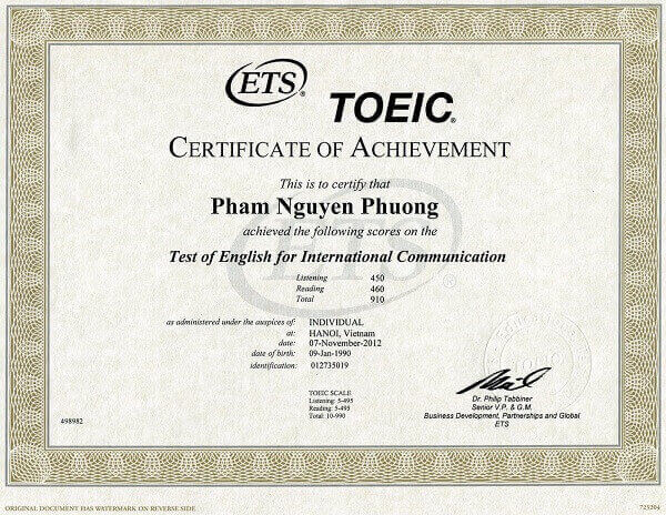 Chứng chỉ TOEIC được cấp bởi IIG Việt Nam